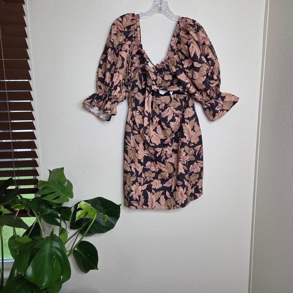 Amalie Showpo‎ Dessie Floral Tie Front Open Back Puff Sleeve Mini Dress US 10
